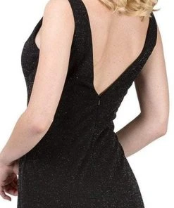 Dancing Queen - 2497 Shimmer Fabric Plunging Neck Fitted Prom Dress