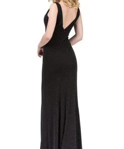 Dancing Queen - 2497 Shimmer Fabric Plunging Neck Fitted Prom Dress