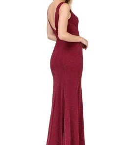 Dancing Queen - 2497 Shimmer Fabric Plunging Neck Fitted Prom Dress