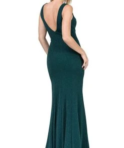 Dancing Queen - 2497 Shimmer Fabric Plunging Neck Fitted Prom Dress