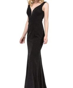 Dancing Queen - 2497 Shimmer Fabric Plunging Neck Fitted Prom Dress