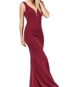 Dancing Queen - 2497 Shimmer Fabric Plunging Neck Fitted Prom Dress