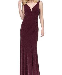 Dancing Queen - 2497 Shimmer Fabric Plunging Neck Fitted Prom Dress