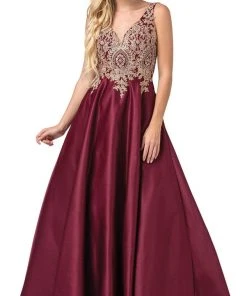 Dancing Queen - 2533 Gold Embellished Lace Bodice Satin A-Line Gown