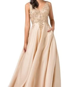Dancing Queen - 2533 Gold Embellished Lace Bodice Satin A-Line Gown 13 Dancing Queen - 2533 Gold Embellished Lace Bodice Satin A-Line Gown