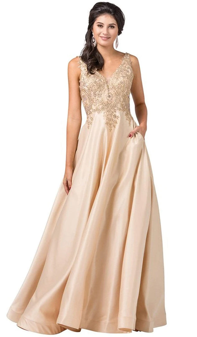Dancing Queen - 2533 Gold Embellished Lace Bodice Satin A-Line Gown 7 Dancing Queen - 2533 Gold Embellished Lace Bodice Satin A-Line Gown