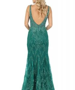 Dancing Queen - 2963 Embellished Deep V-neck Trumpet Dress