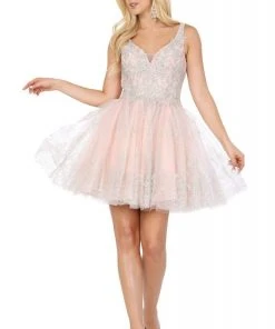 Dancing Queen - 3237 Sleeveless V Neck Lace Applique Cocktail Dress