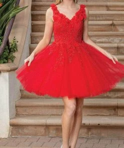 Dancing Queen 3309 - Floral Detailed Tulle Cocktail Dress