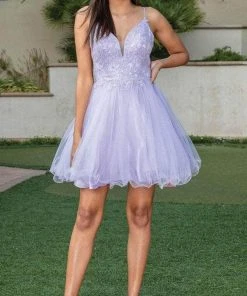 Dancing Queen 3314 - V-Neck Sheer Side A-Line Cocktail Dress