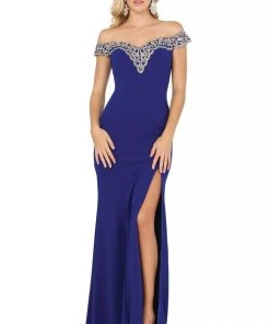 Dancing Queen - 4004 Lace Off Shoulder V Back High Slit Prom Dress