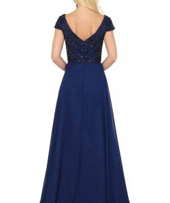 Dancing Queen - 4015 Short Sleeve Beaded Bodice Chiffon Gown