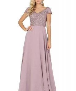 Dancing Queen - 4015 Short Sleeve Beaded Bodice Chiffon Gown