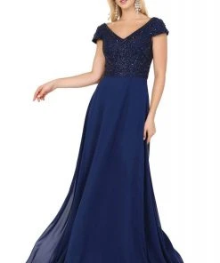 Dancing Queen - 4015 Short Sleeve Beaded Bodice Chiffon Gown