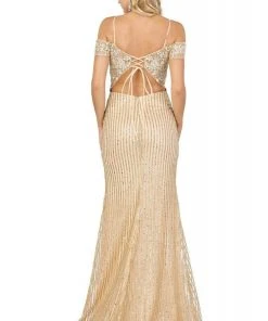 Dancing Queen - 4019 Embroidered Deep Off-Shoulder Trumpet Dress