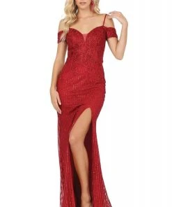 Dancing Queen - 4019 Embroidered Deep Off-Shoulder Trumpet Dress