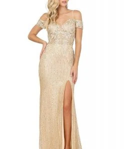 Dancing Queen - 4019 Embroidered Deep Off-Shoulder Trumpet Dress