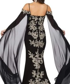 Dancing Queen - 4025 Sheer Cascade Sleeve Applique-Ornate Gown