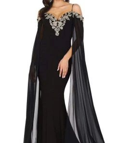 Dancing Queen - 4025 Sheer Cascade Sleeve Applique-Ornate Gown
