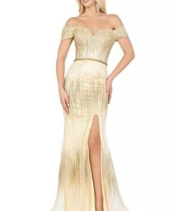 Dancing Queen - 4071 Off-Shoulder Metallic Appliqued High Slit Gown