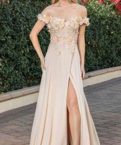 Dancing Queen 4268 - Floral Detailed Off Shoulder Prom Dress