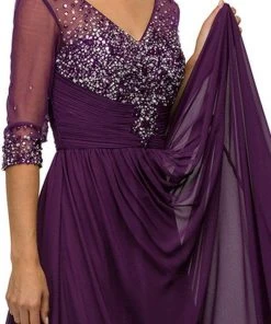 Dancing Queen - 8855 Jewel Embellished Quarter Sleeve Illusion Evening Dress