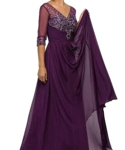 Dancing Queen - 8855 Jewel Embellished Quarter Sleeve Illusion Evening Dress