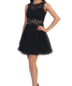 Dancing Queen - 9080 Bejeweled Lace Illusion Short Prom Dress 11 Dancing Queen - 9080 Bejeweled Lace Illusion Short Prom Dress
