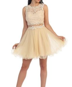 Dancing Queen - 9080 Bejeweled Lace Illusion Short Prom Dress
