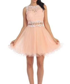 Dancing Queen - 9080 Bejeweled Lace Illusion Short Prom Dress 12 Dancing Queen - 9080 Bejeweled Lace Illusion Short Prom Dress