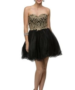 Dancing Queen - 9100 Strapless Embroidered Corset Short Prom Dress