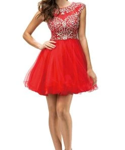 Dancing Queen - 9149 Cap Sleeve Crystal Beaded Cocktail Dress