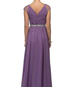 Dancing Queen - 9182 Illusion Cap Sleeve Pleated V-Neck Chiffon Evening Dress