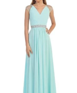 Dancing Queen - 9182 Illusion Cap Sleeve Pleated V-Neck Chiffon Evening Dress