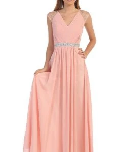 Dancing Queen - 9182 Illusion Cap Sleeve Pleated V-Neck Chiffon Evening Dress