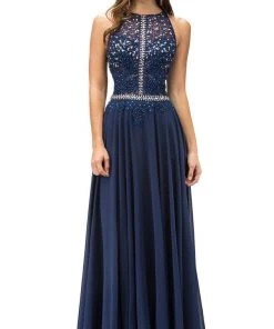 Dancing Queen - 9283 Appliqued Illusion Beaded Chiffon Prom Dress