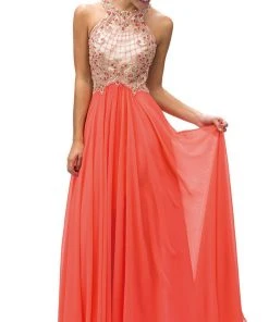 Dancing Queen - 9298 Embellished Halter A-line Evening Dress
