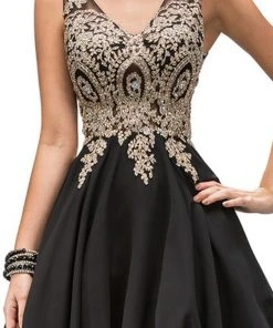 Dancing Queen - 9384 Sleeveless Gold Lace Bodice V-Neck Cocktail Dress