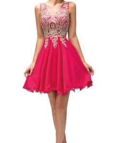 Dancing Queen - 9384 Sleeveless Gold Lace Bodice V-Neck Cocktail Dress