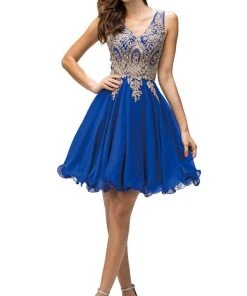 Dancing Queen - 9384 Sleeveless Gold Lace Bodice V-Neck Cocktail Dress