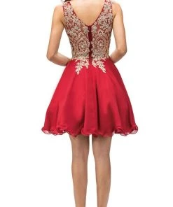 Dancing Queen - 9384 Sleeveless Gold Lace Bodice V-Neck Cocktail Dress