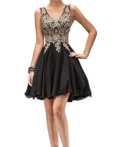 Dancing Queen - 9384 Sleeveless Gold Lace Bodice V-Neck Cocktail Dress