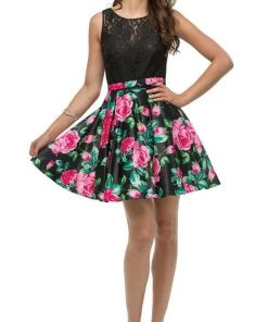 Dancing Queen - 9517 Floral Print Illusion A-Line Cocktail Dress