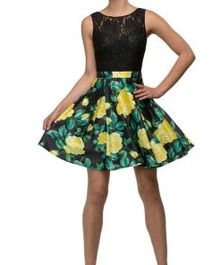 Dancing Queen - 9517 Floral Print Illusion A-Line Cocktail Dress