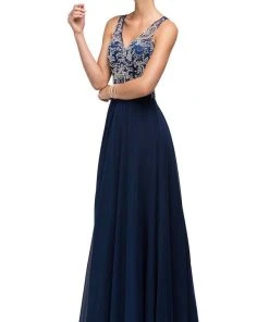 Dancing Queen - 9603 Long Lace Adorned Illusion A-Line Prom Dress