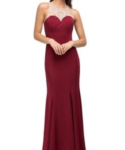 Dancing Queen - 9715 Adorned Sleeveless Illusion Jewel Jersey Prom Dress