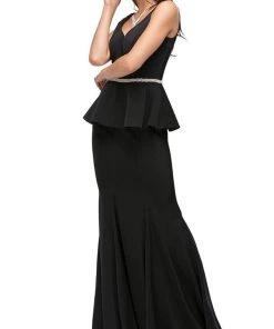 Dancing Queen - 9750 Jewel Encrusted V-Neck Peplum Evening Dress
