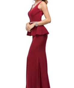 Dancing Queen - 9750 Jewel Encrusted V-Neck Peplum Evening Dress