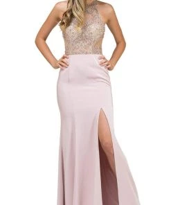 Dancing Queen - 9974 Beaded Illusion Halter Evening Dress With Slit