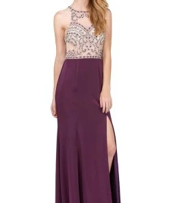 Dancing Queen - 9974 Beaded Illusion Halter Evening Dress With Slit